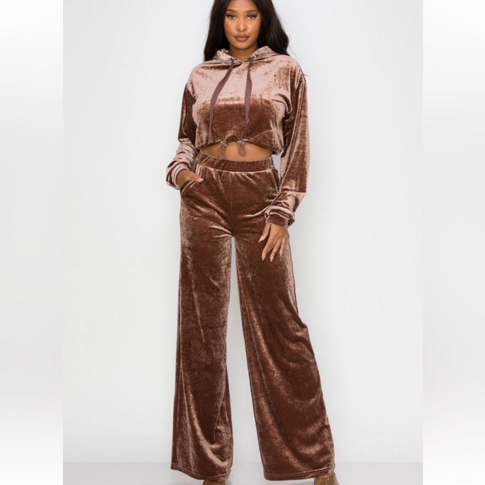 Velvet Wide-Leg Skirt Set in Chocolate Brown